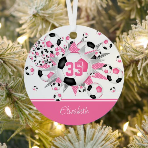 Girls pink black personalized soccer balls stars metal ornament
