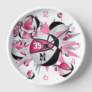 girls pink black sports room basketballs stars clock