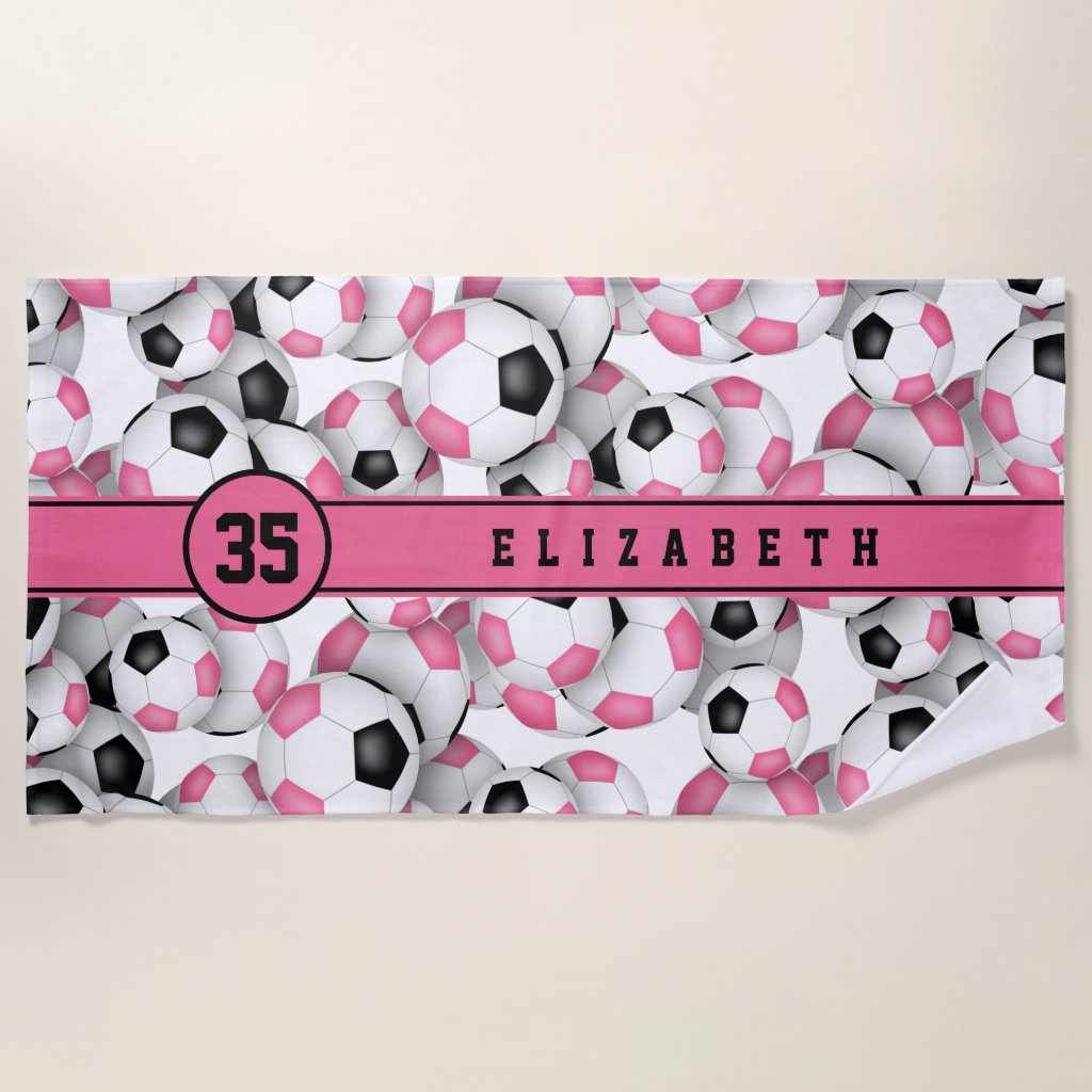Girls pink black white soccer balls pattern beach towel