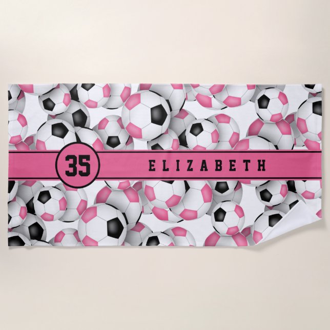 Girls pink black white soccer balls pattern beach towel (Front)
