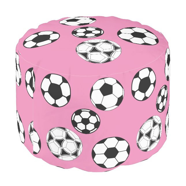 Girls pink black white soccer football party pouf (Angled Back)