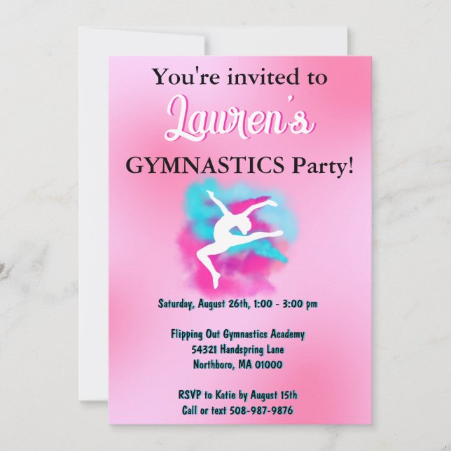 Girls Pink Blue Gymnastics Birthday Party Invite (Front)