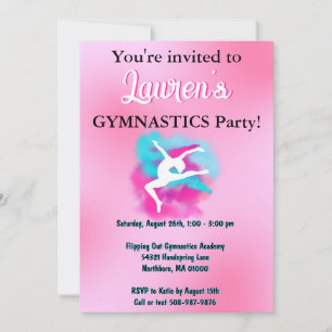 Girls Pink Blue Gymnastics Birthday Party Invite