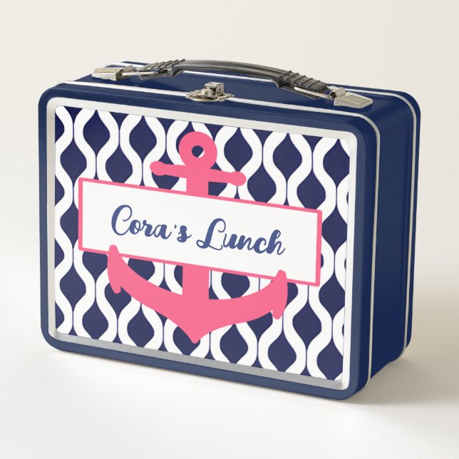 Girls Pink, Blue Nautical Anchor Personalized Name Metal Lunch Box (Front)