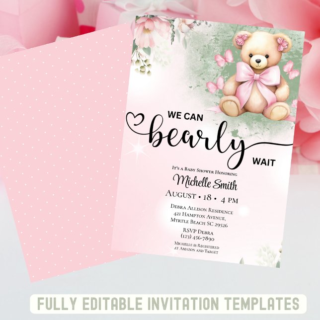 Girls Pink Blush Floral Teddy Bear Baby Shower  Invitation (Creator Uploaded)