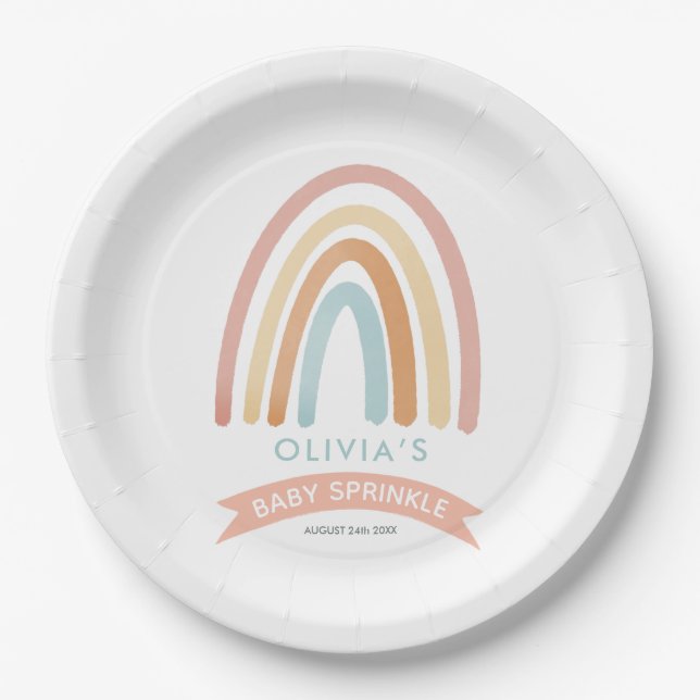 Girls Pink Boho Rainbow Cute Baby Sprinkle Paper Plates (Front)