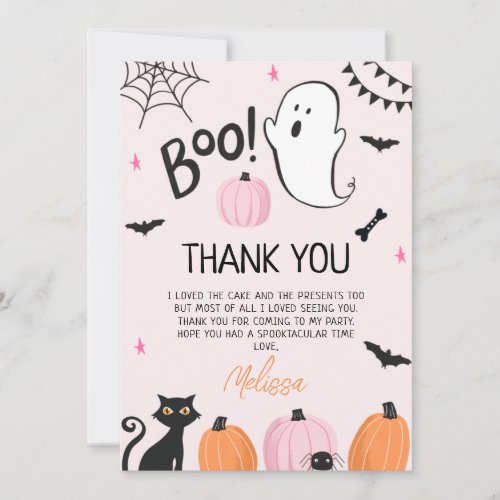 Girls Pink Boo Halloween Birthday Thank You Card