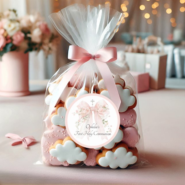 Girl's Pink Bow Floral First Communion Classic Round Sticker (Creator Uploaded)