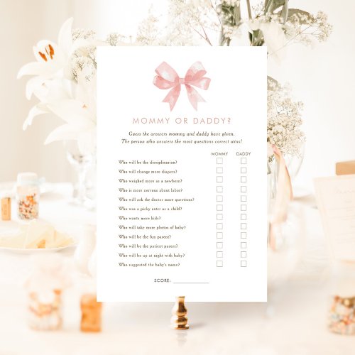 Girls' Pink Bow Mommy or Daddy Baby Shower Game