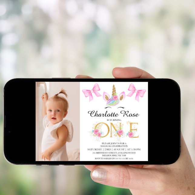 Girls Pink Bows Floral Unicorn 1st Birthday Invitation (Front Digital)