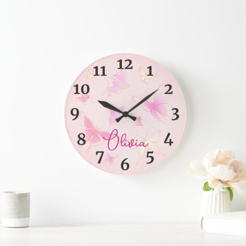 Girls Pink Butterfly Kids Nursery Round Clock