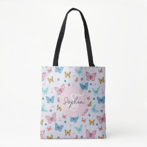 Girls Pink Butterfly Monogram Cute Kids Tote Bag