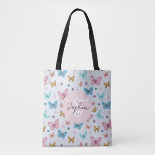 Girls Pink Butterfly Monogram Cute Kids Tote Bag