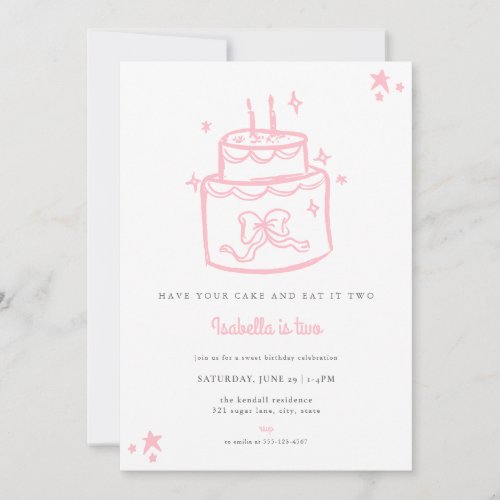 Girls Pink Cake 2nd Birthday Invitation