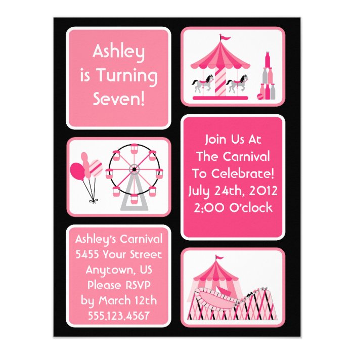 Girls Pink Carnival Party Invitations