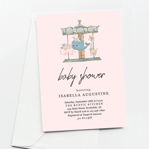 Girls Pink Carousel Baby Shower Invitation