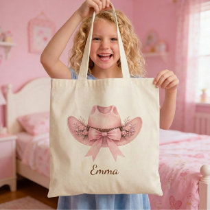 Girls Pink Cowgirl Hat Personalized Name Tote Bag