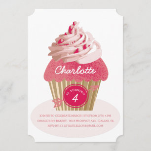 Girls Pink Cupcake Birthday Party Invitation