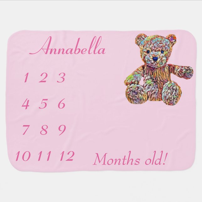 Girl's Pink Custom Teddy Bear Month Milestone Baby Blanket (Horizontal)