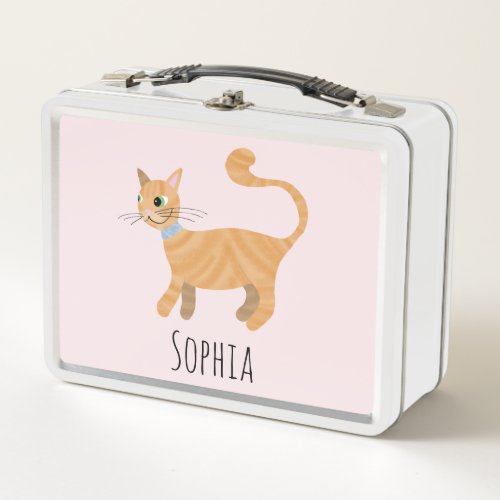 Girls Pink Cute Ginger Tabby Cat Cartoon Kids Metal Lunch Box