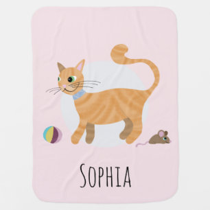 Girls Pink Cute Ginger Tabby Cat Cartoon & Name Baby Blanket