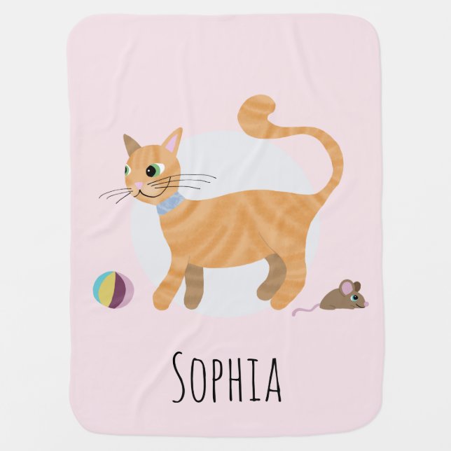 Girls Pink Cute Ginger Tabby Cat Cartoon & Name Baby Blanket (Front)