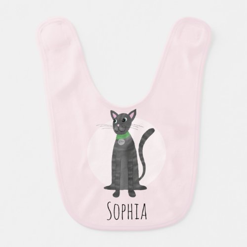 Girls Pink Cute Gray Tabby Cat and Name Baby Bib