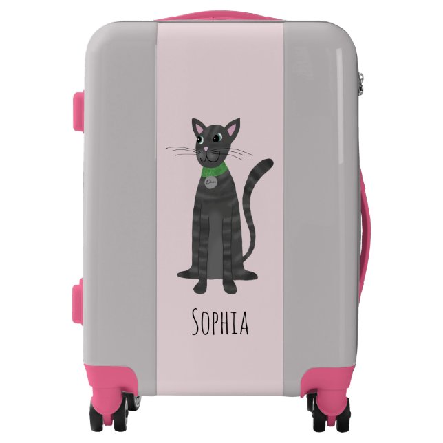 Girls Pink Cute Gray Tabby Cat and Name Kids Luggage (Front)