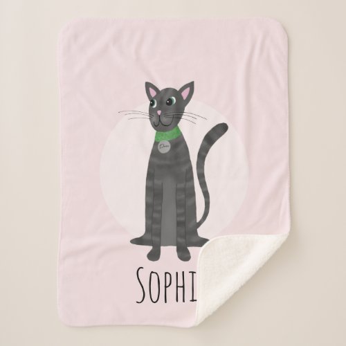 Girls Pink Cute Gray Tabby Cat  Name Kids Sherpa Blanket