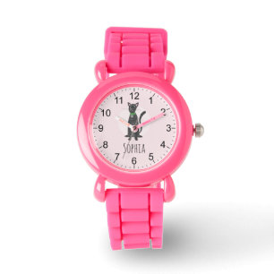 Girls Pink Cute Gray Tabby Cat & Name Kids Watch