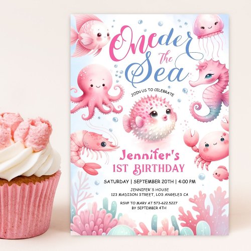 Girls Pink Cute Ocean ONEder The Sea 1st Birthday Invitation