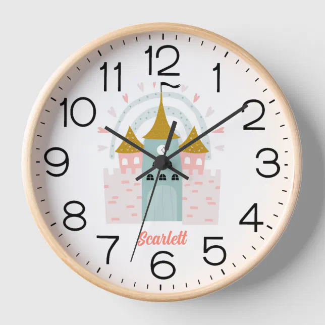 Girls Pink Cute Princess Castle Personalized Name Clock | Zazzle