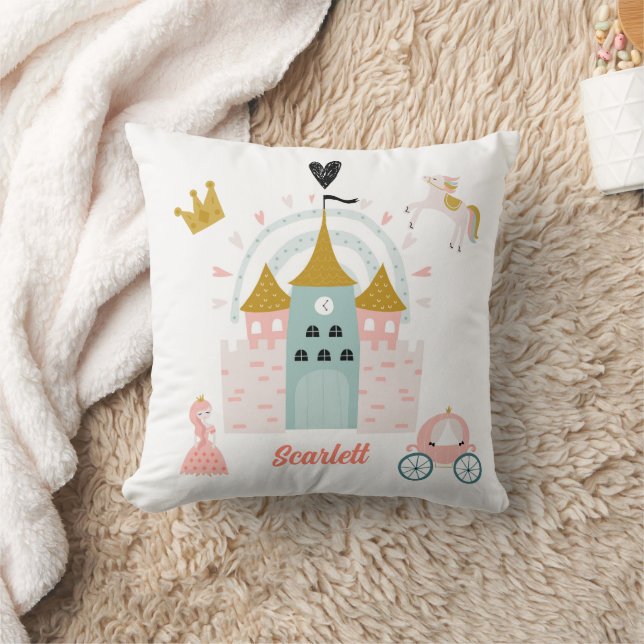 Girls Pink Cute Princess Castle Personalized Name Throw Pillow (Blanket)