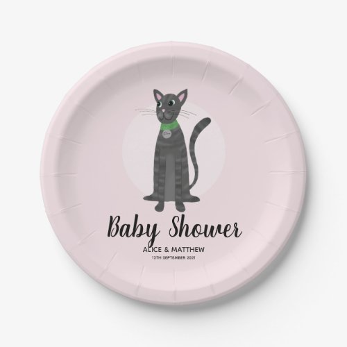 Girls Pink Cute Tabby Cat Cartoon Coed Baby Shower Paper Plates