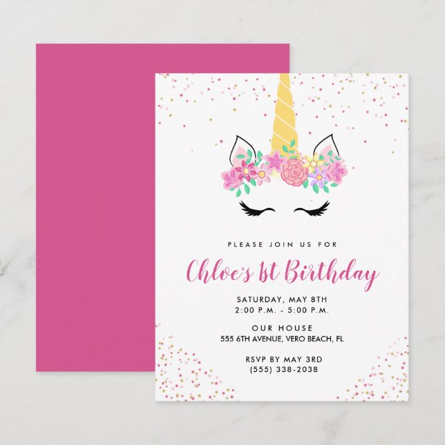 Girl's Pink Cute Unicorn Birthday Party  Invitation (Front/Back)