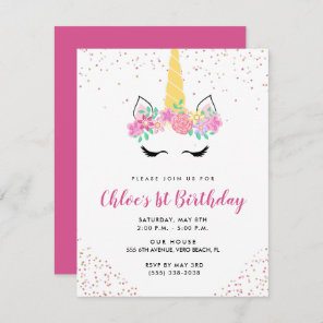 Girl's Pink Cute Unicorn Birthday Party  Invitation