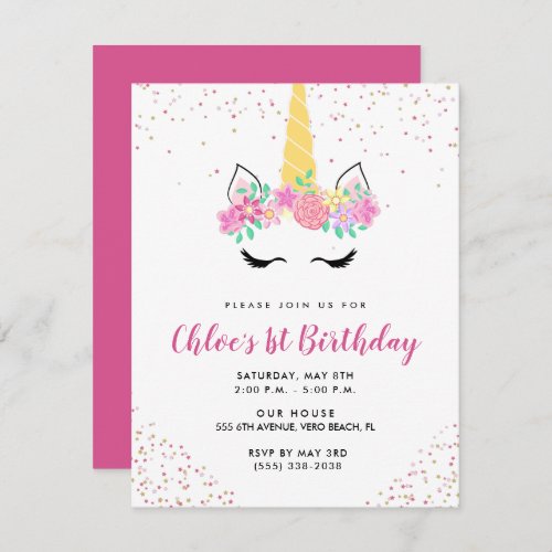 Girls Pink Cute Unicorn Birthday Party  Invitation