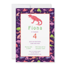 Girls Pink Dinosaur Birthday Watercolor Invitation