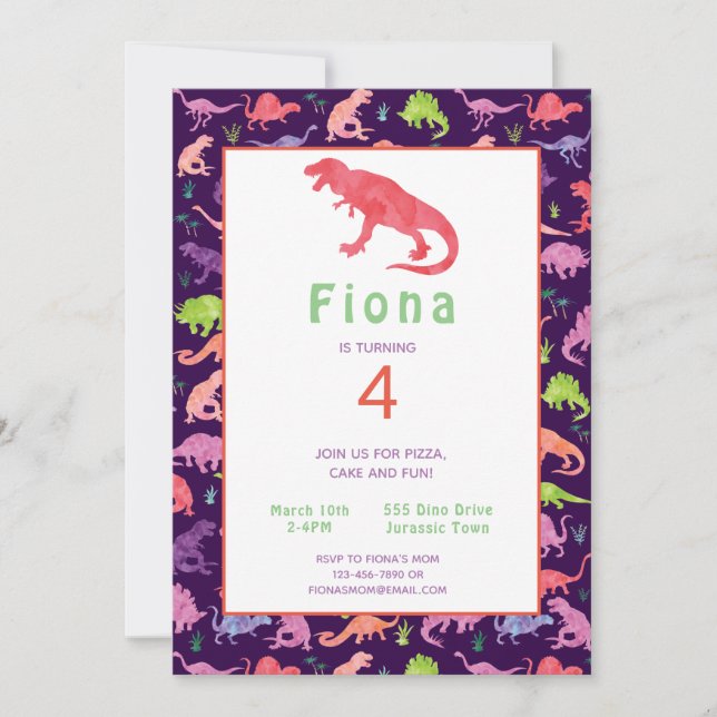 Girls Pink Dinosaur Birthday Watercolor Invitation (Front)