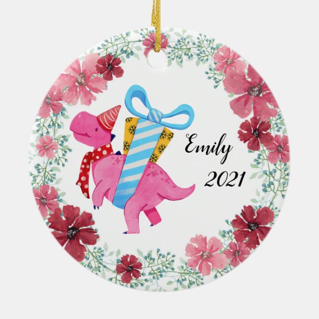 Girls Pink Dinosaur Christmas Ceramic Ornament (Back)