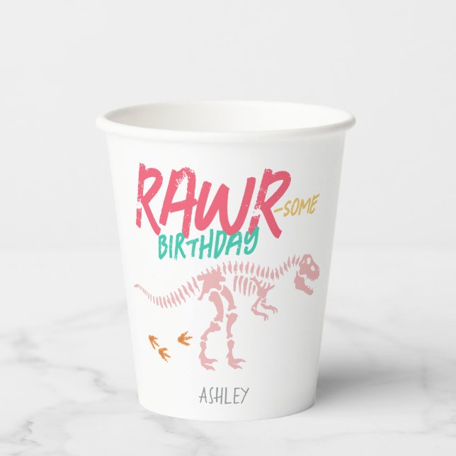 Girls Pink Dinosaur Dig Kids Cute Birthday Paper Cups (Front)