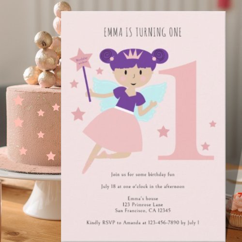 Girls Pink Fairy Ballerina 1st Birthday Party Invitation
