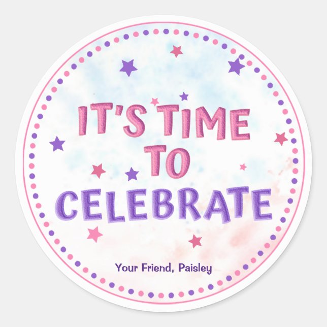 Girls Pink Favor Birthday Party Gymnastics Classic Round Sticker (Front)