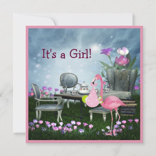 Girls Pink Flamingo Wonderland Baby Shower Invitation