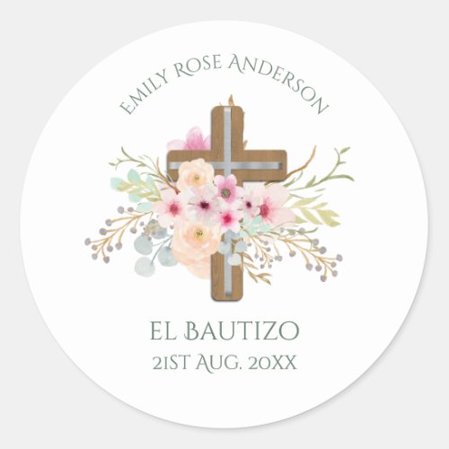 Girls Pink floral BAUTIZO Baptism Bautismo Named Classic Round Sticker