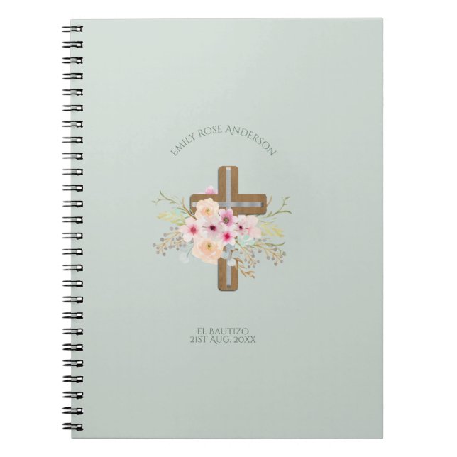 Girls Pink floral BAUTIZO Baptism Bautismo Named Notebook (Front)