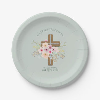 Girls Pink floral BAUTIZO Baptism Bautismo Named Paper Plates