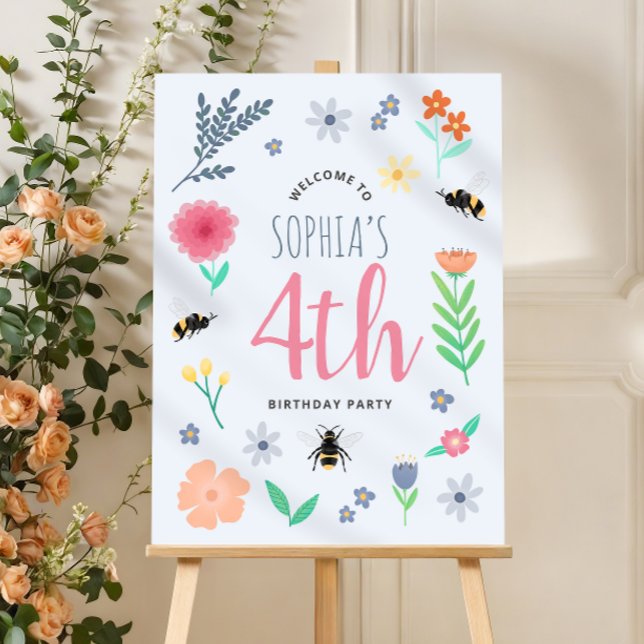 Girls Pink Floral Bee Kids Birthday Welcome Sign (Creator Uploaded)
