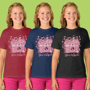 Girls Pink Floral Camera Photo Clothing Item T-Shirt