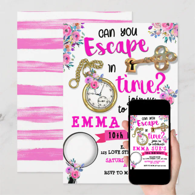 Girl's Pink Floral Escape Room Birthday Invitation | Zazzle